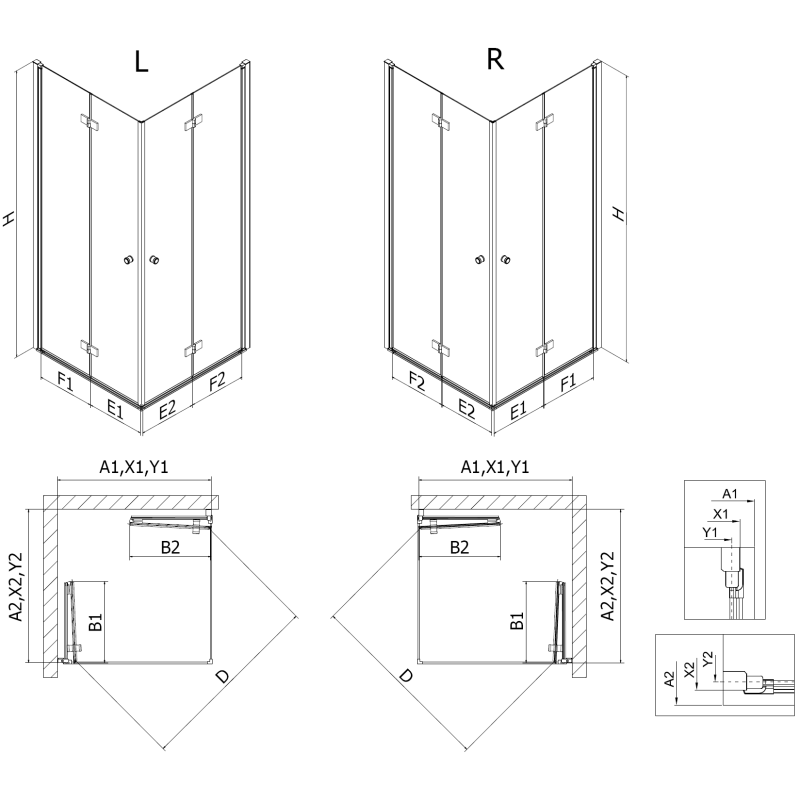 Mexen Mist-F Duo faltbare Duschkabine links 100 x 75 cm, schwarzer Rahmen, schwarz - 8A6-100L-075P-70-70