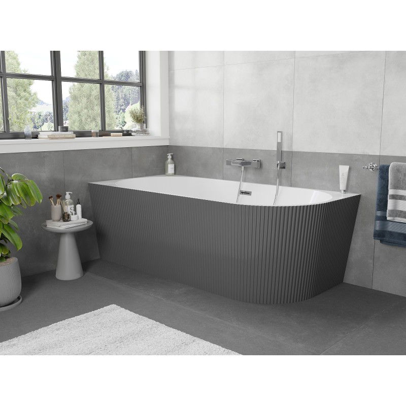 Mexen Silo vasca da bagno a libera installazione ad angolo sinistro rigata 150 x 75 cm, bianca/grigia, troppopieno cromato