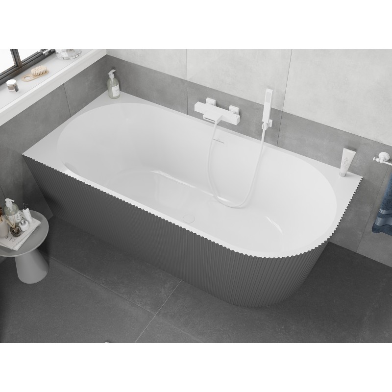 Mexen Silo wanna wolnostojąca narożna lewa ryflowana  150 x 75 cm, biała/szara, przelew biały - 52891507562L-20