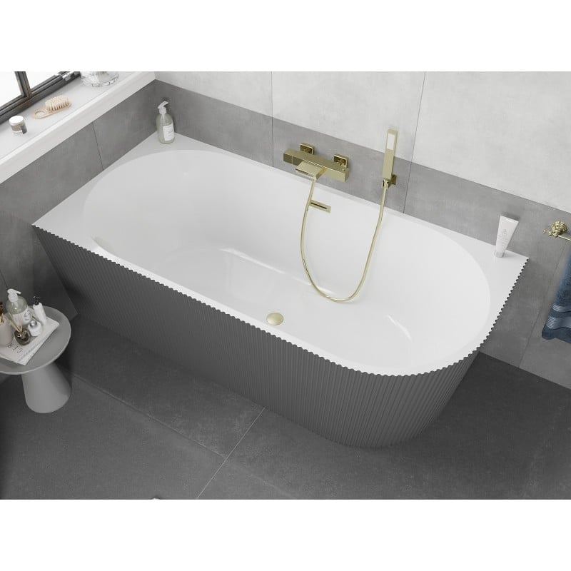 Mexen Silo freistehende Eckbadewanne links gerillt 150 x 75 cm, weiß/grau, Überlauf gold gebürstet - 52891507562L-55