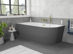 Mexen Silo vasca da bagno freestanding angolare sinistra rigata 150 x 75 cm, bianca/grigia, troppopieno dorato spazzolato