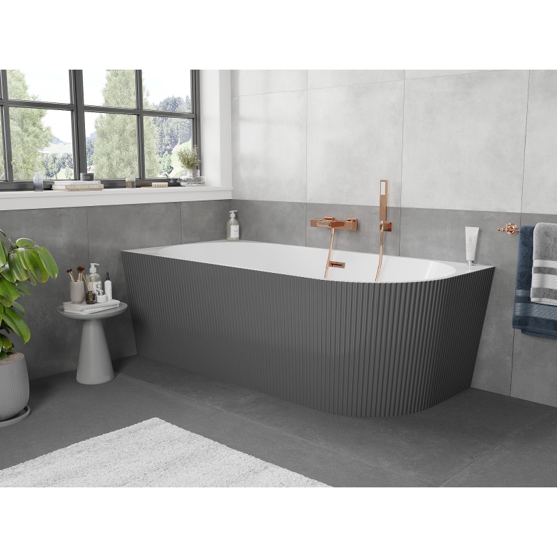 Mexen Silo wanna wolnostojąca narożna lewa ryflowana  150 x 75 cm, biała/szara, przelew różowe złoto - 52891507562L-60