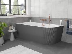 Mexen Silo freistehende Eckbadewanne links geriffelt 150 x 75 cm, weiß/grau, Überlauf gebürstetes Kupfer - 52891507562L-65