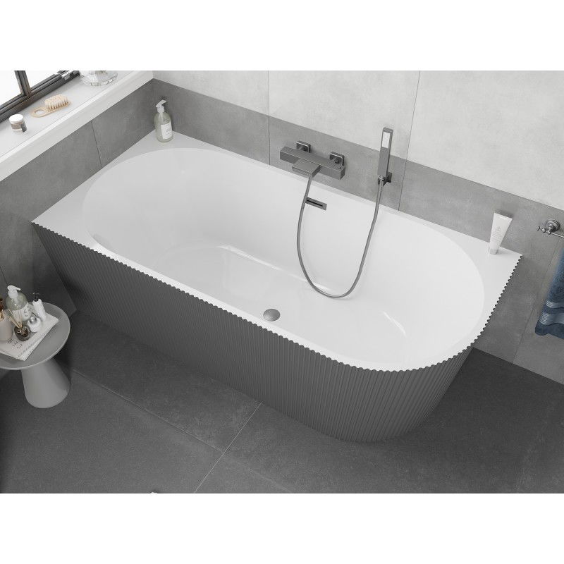 Mexen Silo free-standing corner left ribbed bathtub 150 x 75 cm, white/grey, brushed gun gray overflow - 52891507562L-66