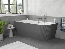 Mexen Silo fräistoussende Eckbadewanne lénks geriffelt 150 x 75 cm, wäiss/gräil, Iwwerlaaf gun gray gebirsteet