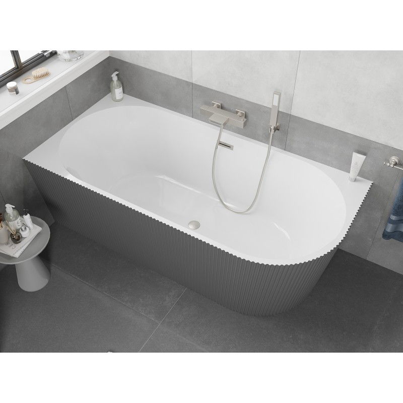 Mexen Silo vasca da bagno indipendente angolare sinistra scanalata 150 x 75 cm, bianca/grigia, troppo pieno nichel spazzolato