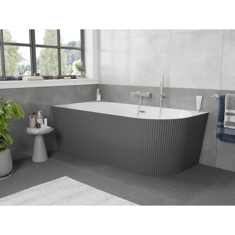 Mexen Silo wanna wolnostojąca narożna lewa ryflowana  150 x 75 cm, biała/szara, przelew nikiel szczotkowany - 52891507562L-97