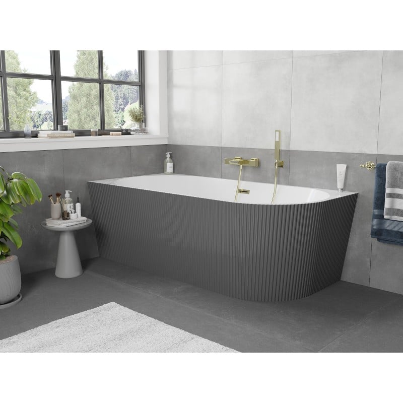 Mexen Silo vasca da bagno freestanding angolare sinistra scanalata 170 x 80 cm, bianco/grigio, troppopieno dorato
