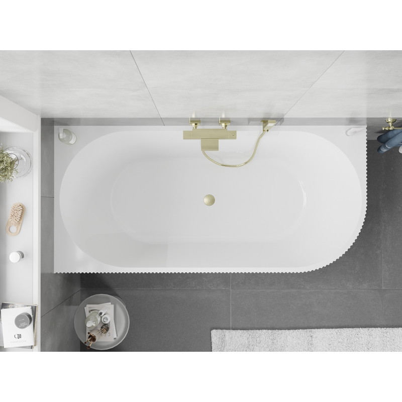 Mexen Silo freistehende Eckbadewanne links gerippt 170 x 80 cm, weiß/grau, Überlauf gebürstetes Gold - 52891708062L-55