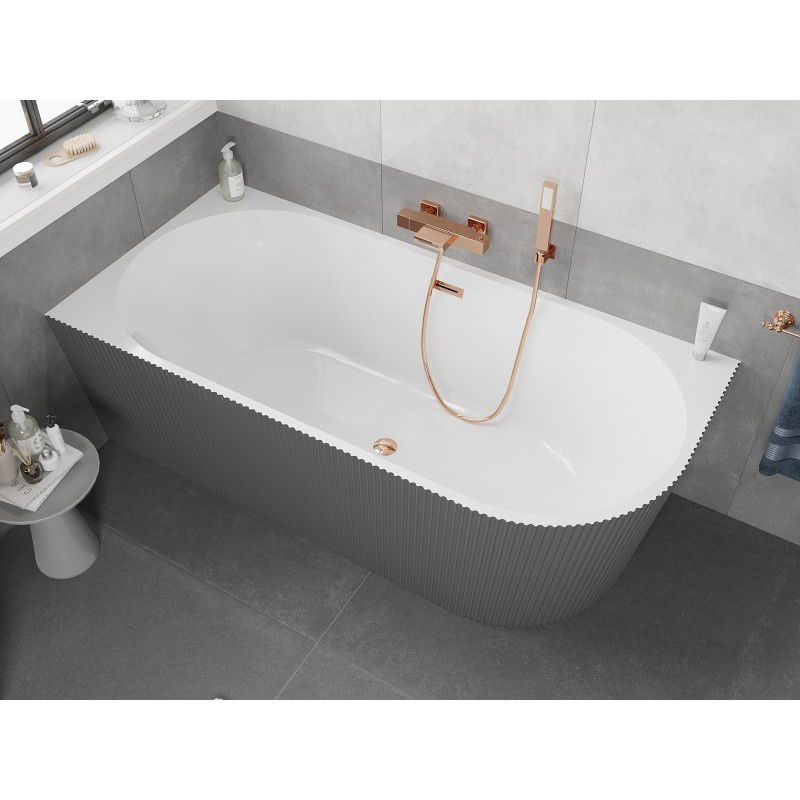 Mexen Silo vasca da bagno indipendente angolare sinistra scanalata 170 x 80 cm, bianco/grigio, scarico oro rosa