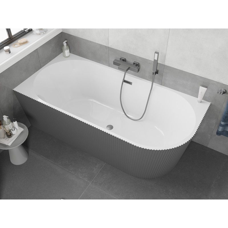 Mexen Silo wanna wolnostojąca narożna lewa ryflowana  170 x 80 cm, biała/szara, przelew gun gray szczotkowany - 52891708062L-66
