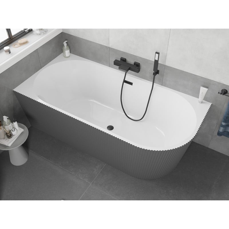 Mexen Silo vasca da bagno ad angolo sinistra freestanding rigata 170 x 80 cm, bianca/grigia, troppopieno nero - 52891708062L-70
