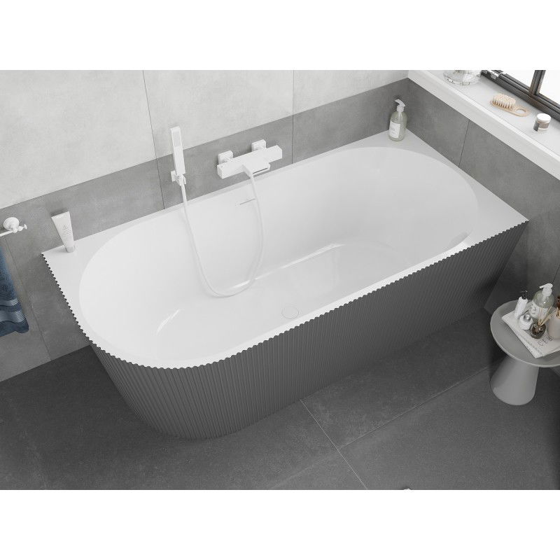Mexen Silo vasca da bagno freestanding angolare destra scanalata 150 x 75 cm, bianca/grigia, troppo pieno bianco