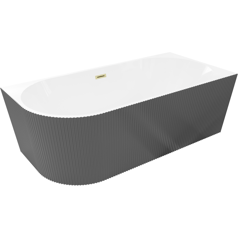 Mexen Silo banheira independente de canto direito estriada 150 x 75 cm, branco/cinza, transbordamento dourado escovado