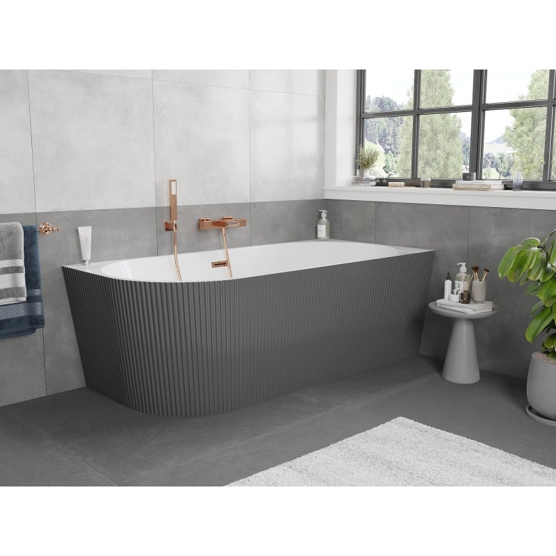 Mexen Silo vasca da bagno indipendente angolare destra scanalata 150 x 75 cm, bianco/grigio, troppopieno oro rosa