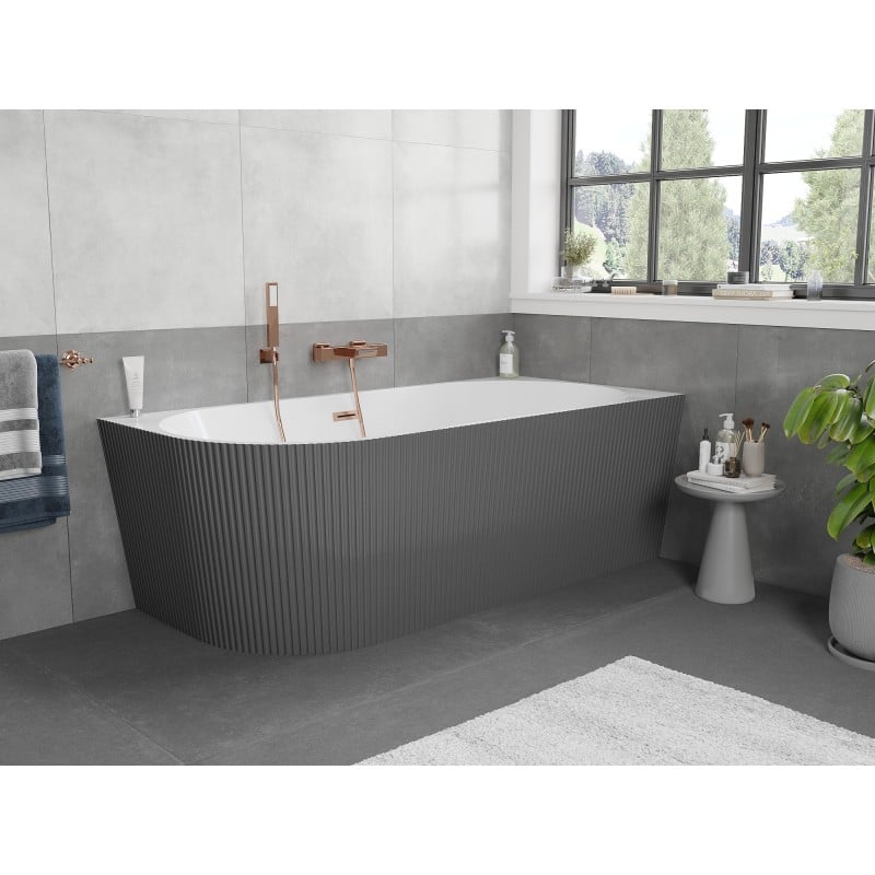 Mexen Silo freestanding corner right ribbed bath 150 x 75 cm, white/grey, brushed copper overflow - 52891507562P-65