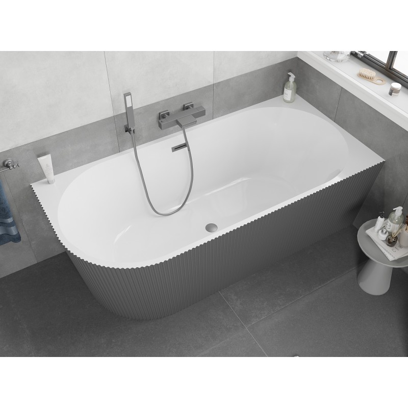 Mexen Silo wanna wolnostojąca narożna prawa ryflowana  150 x 75 cm, biała/szara, przelew gun metal - 52891507562P-95