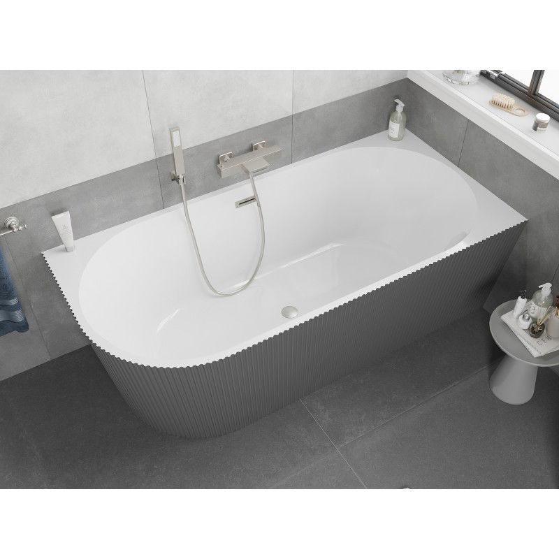 Mexen Silo vasca da bagno freestanding angolare destra rigata 150 x 75 cm, bianca/grigia, troppopieno nichel spazzolato