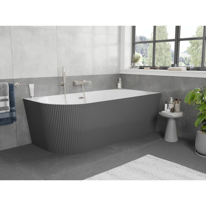 Mexen Silo vasca da bagno freestanding angolare destra rigata 150 x 75 cm, bianca/grigia, troppopieno nichel spazzolato