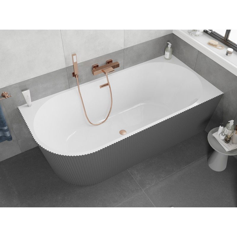 Mexen Silo vasca da bagno freestanding angolare destra rigata 170 x 80 cm, bianca/grigia, troppo pieno rame spazzolato