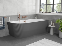 Mexen Silo vasca da bagno freestanding angolare destra scanalata 170 x 80 cm, bianca/grigia, troppo pieno in rame spazzolato