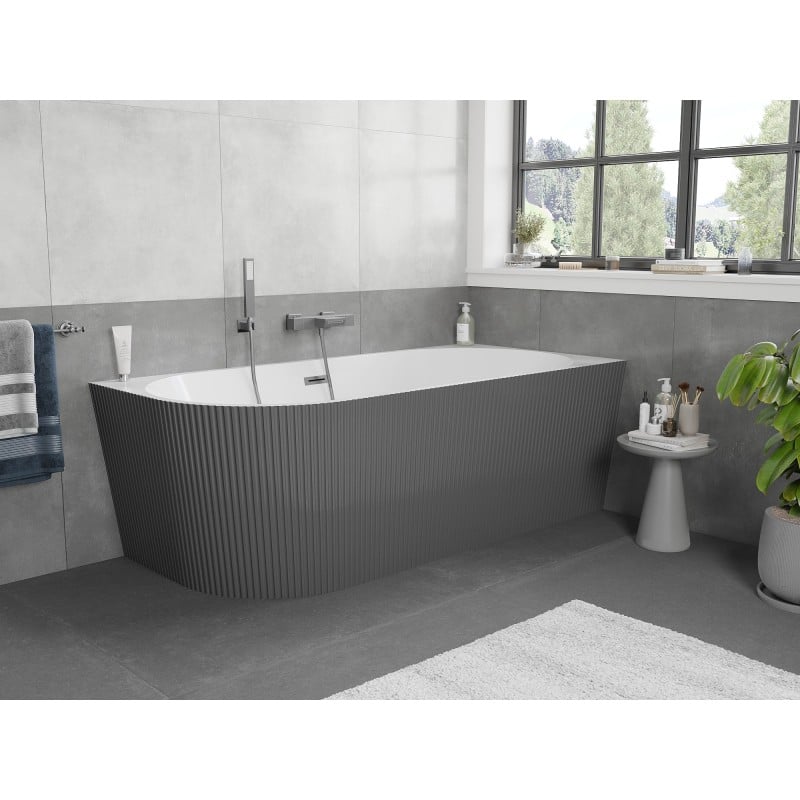 Mexen Silo wanna wolnostojąca narożna prawa ryflowana  170 x 80 cm, biała/szara, przelew gun metal - 52891708062P-95