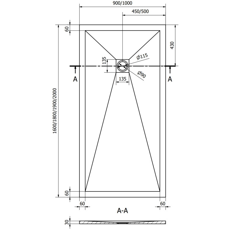 Mexen Stone+ komposiitmaterjalist ristkülikukujuline dušialus 160 x 90 cm, hall-betoon - 44619016