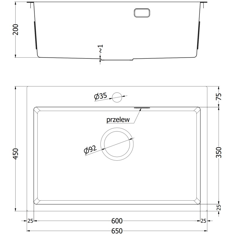 Mexen Solix roostevabast terasest valamu, 1-kambriline, 650 x 450 mm, inox HC - 6403651000-01HC