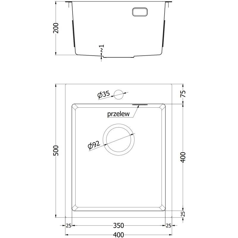 Mexen Solix roostevabast terasest köögivalamu 1-kambriline 400 x 500 mm, inox HC - 6406401000-01HC