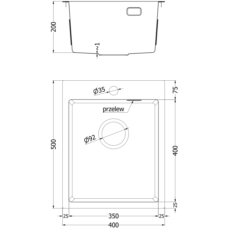 Mexen Solix 1-facks stålhandfat 400 x 500 mm, svart - 6406401000-70