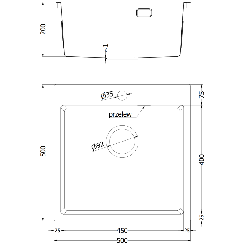 Mexen Solix stålhandfat 1-fack 500 x 500 mm, inox - 6407501000-01