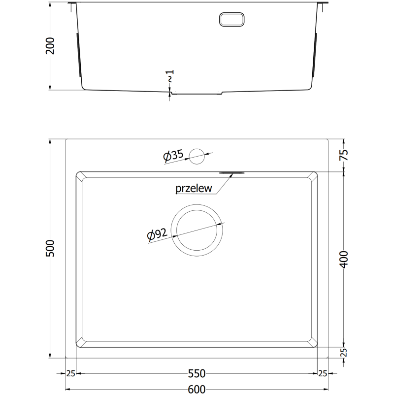 Mexen Solix fregadero de acero 1-compartimento 600 x 500 mm, inox HC - 6408601000-01HC
