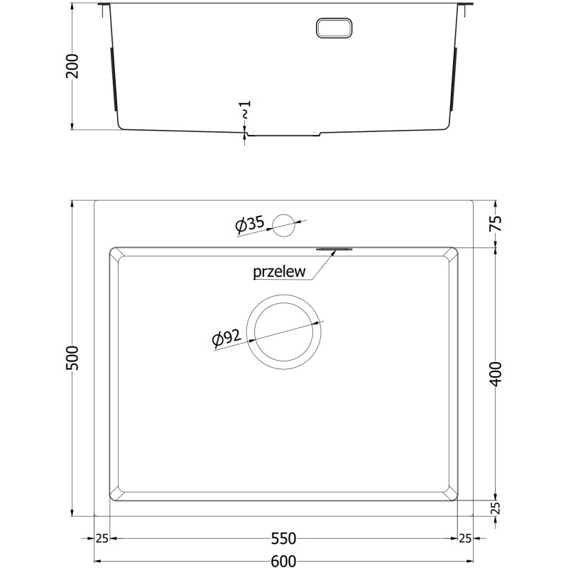 Mexen Solix roostevabast terasest 1-kambriline köögivalamu 600 x 500 mm, vask HC - 6408601000-65HC