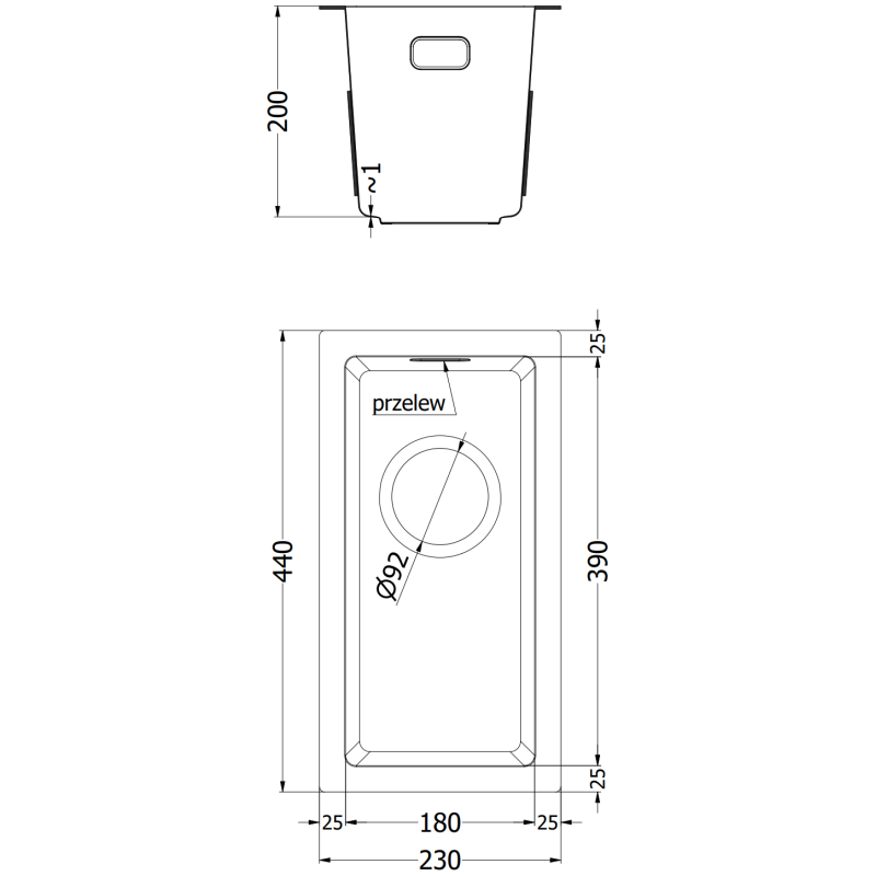 Mexen Trixo 1-kammars diskbänk i stål 230 x 440 mm, inox - 6411221000-01