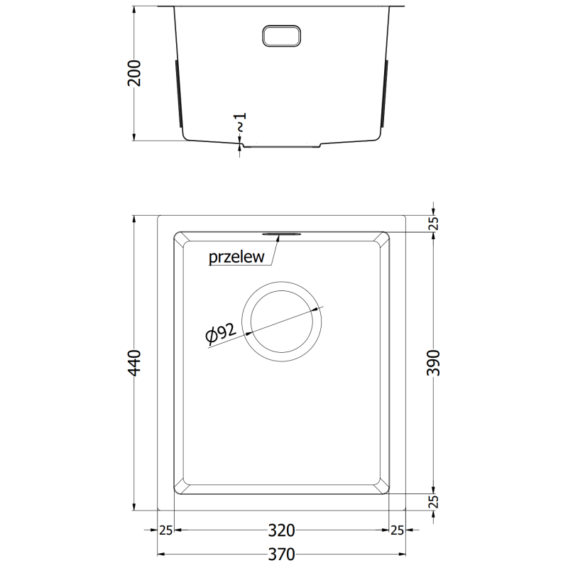 Mexen Trixo roestvrijstalen spoelbak 1-komorig 370 x 440 mm, zwart HC - 6412371000-70HC