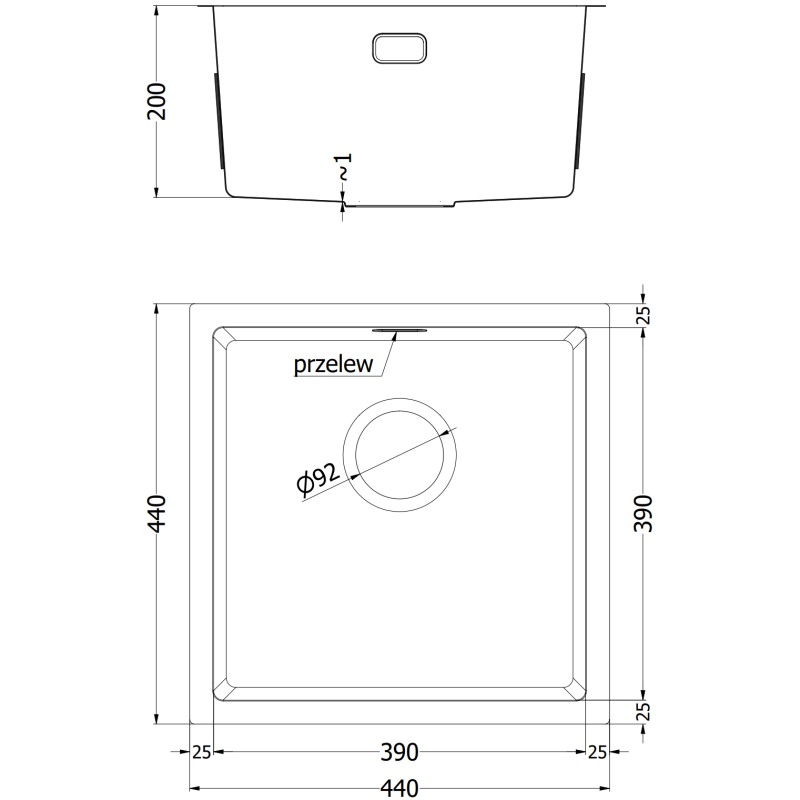 Mexen Trixo fregadero de acero inoxidable de 1 cubeta 440 x 440 mm, negro - 6413441000-70