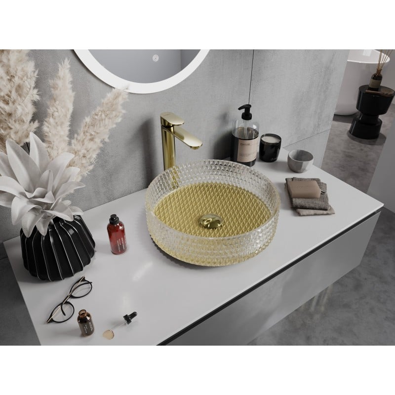 Mexen Aura glass countertop washbasin 39 x 39 cm, transparent/gold - 24013951