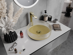 Mexen Aura lavabo da appoggio in vetro 39 x 39 cm, trasparente/oro - 24013951