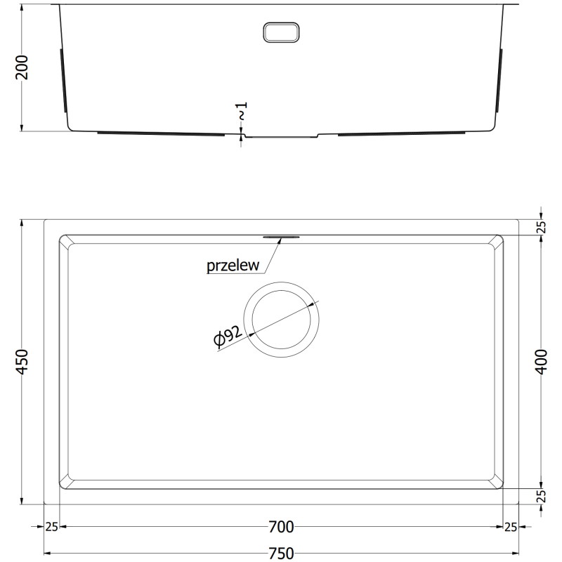 Mexen Trixo terasest köögivalamu 1-kausiline 750 x 440 mm, vask - 6415751000-65