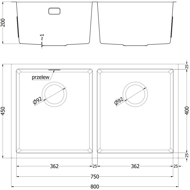 Mexen Binox stalen gootsteen met 2 kamers 800 x 450 mm, inox HC - 6421802000-01HC