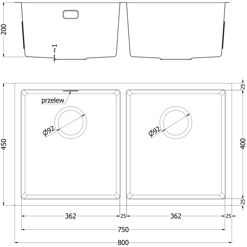 Mexen Binox stainless steel 2-basin sink 800 x 450 mm, gold - 6421802000-55