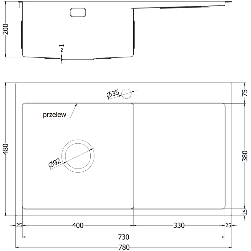 Mexen Exar teräksinen 1-allas keittiöallas valumalla 780 x 480 mm, vasen, inox HC - 6433781010L-01HC