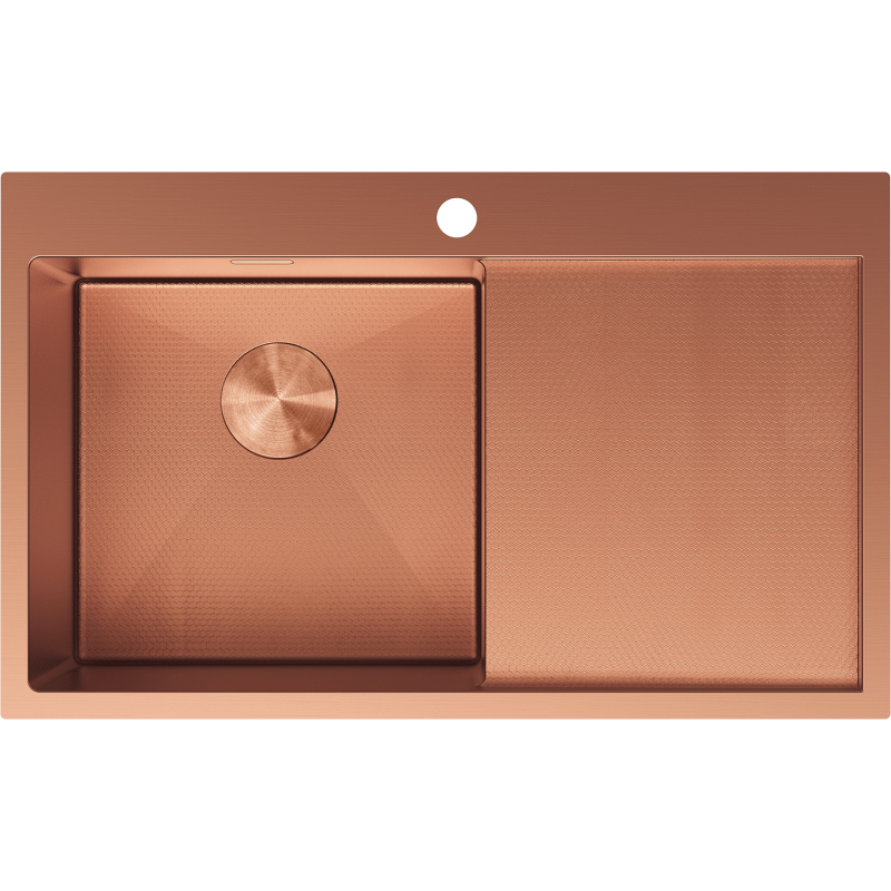 Mexen Exar fregadero de acero inoxidable de 1 cubeta con escurridor, izquierdo 780 x 480 mm, cobre HC - 6433781010L-65HC