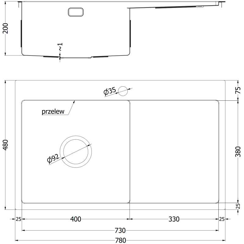 Mexen Exar steel sink 1-bowl with drainer, right 780 x 480 mm, black - 6434781010P-70