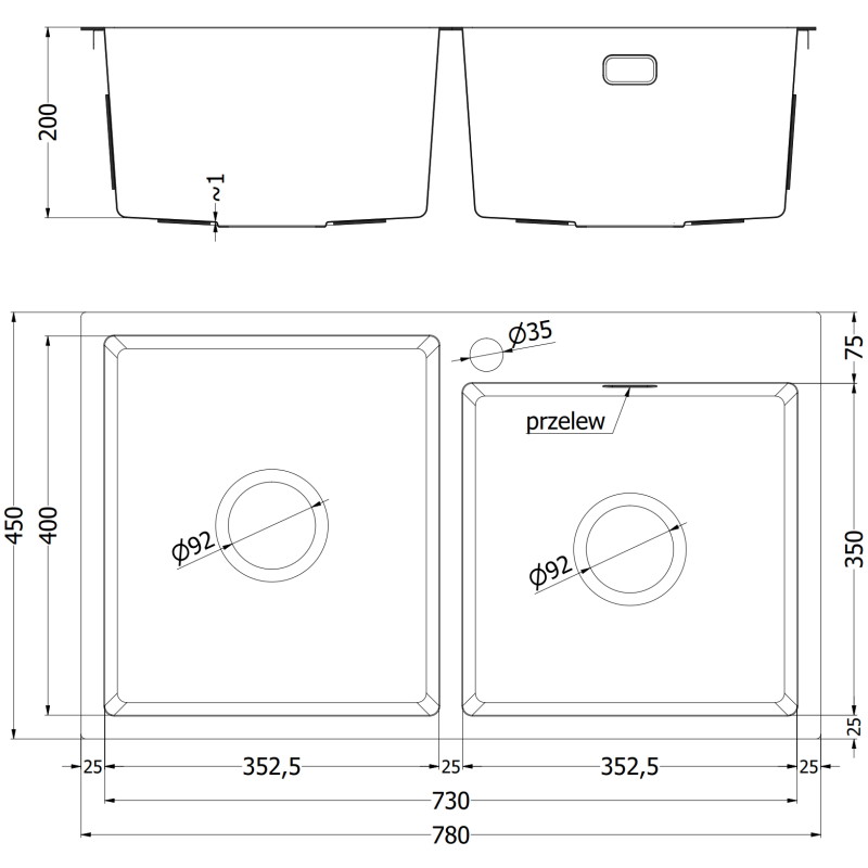 Mexen Xorin roostevabast terasest 2-kambriline kraanikauss 780 x 450 mm, must - 6441782000-70
