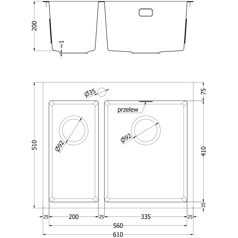 Mexen Flexo zlewozmywak stalowy 1,5-komorowy 610 x 510 mm, czarny HC - 6446611500-70HC