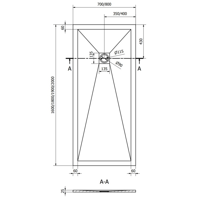 Mexen Stone+ ristkülikukujuline komposiitdušialus 200 x 80 cm, must - 44708020