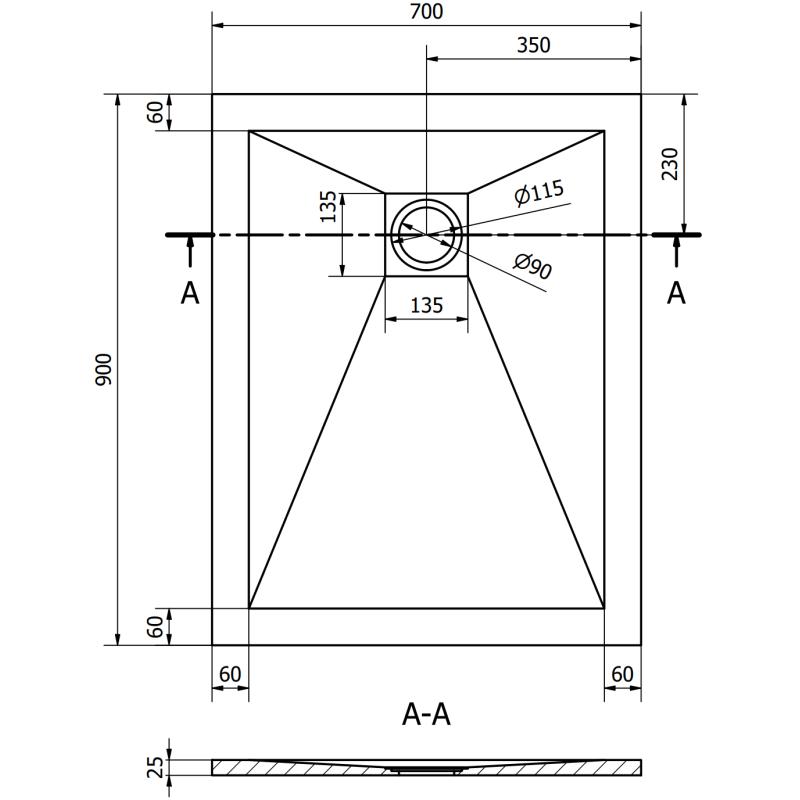 Mexen Stone+ rechteckige Duschwanne aus Verbundwerkstoff 90 x 70 cm, Anthrazit - 44717090