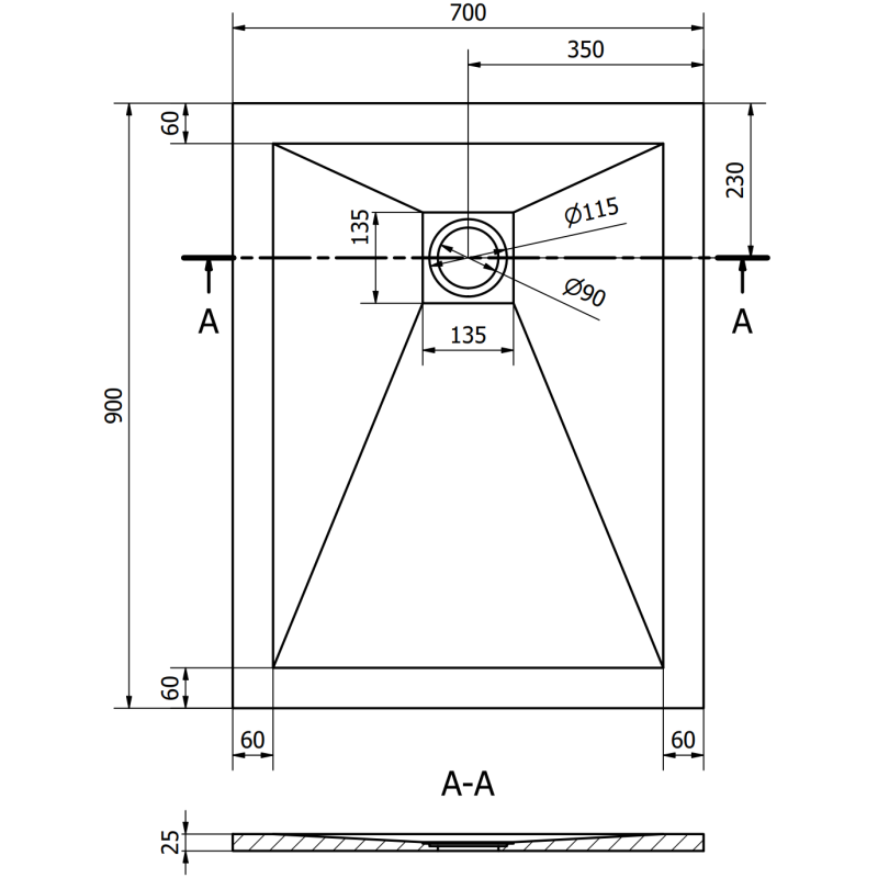 Mexen Stone+ rechthoekige composiet douchebak 90 x 70 cm, antraciet - 44717090