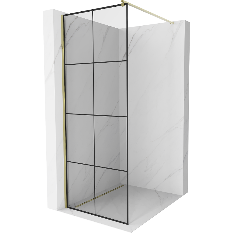 Mexen Kioto Walk-in duschvägg 90 x 200 cm, svart rutnät 8 mm, guld - 800-090-101-50-77